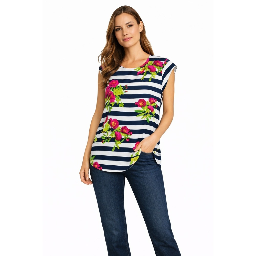 Charlie Floral Striped Blouse Womens L Navy White Pink Sleeveless Top